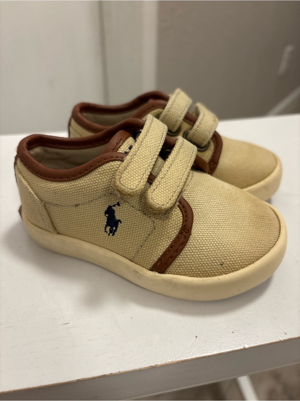 Ralph Lauren Kids Beige Canvas Sneakers with Brown Trim
